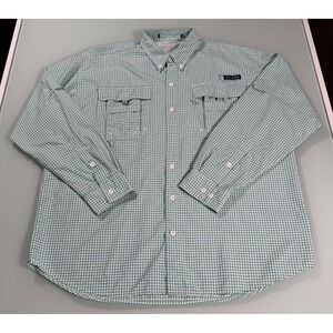 COLUMBIA PFG Shirt Men's L White Green Blue Checks Performance Fishing Gear